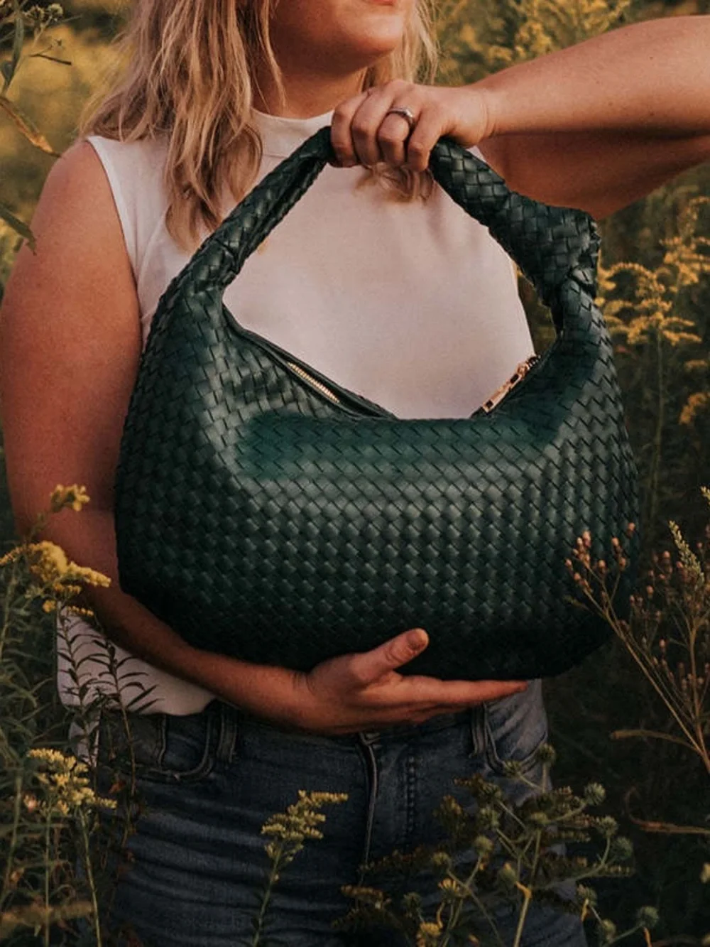 Melie Bianco Emerald Green Woven Hobo Shoulder Bag